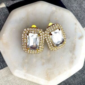 Rhinestone Crystal Earring Clip On Stone Cocktail Formal Black Tie Jewelry Gold